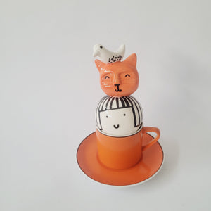 Orange Teacup with Head, Cat and Bird