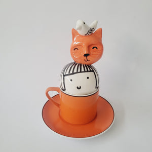 Orange Teacup with Head, Cat and Bird