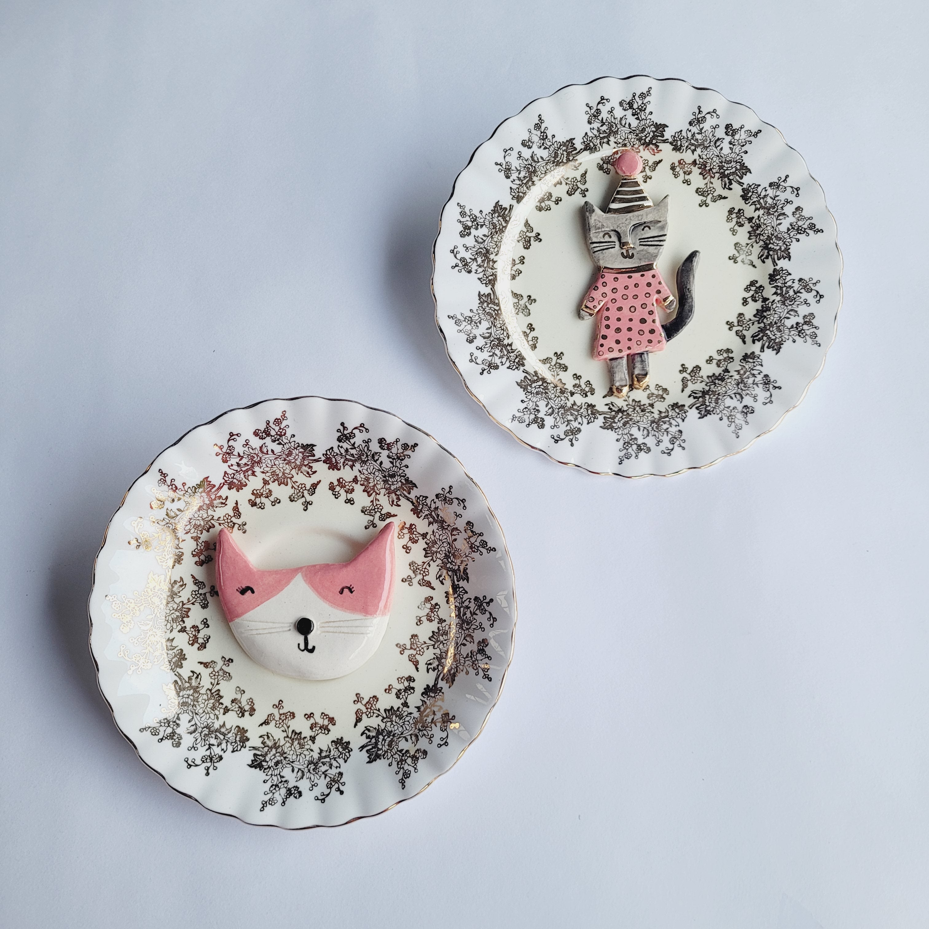 Wall Plate, Kitty Cat with Party Hat and a Little Friend (pair)
